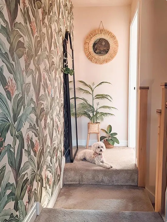 Muted Green and Blush Palm Leaf Wallpaper for a Hallway