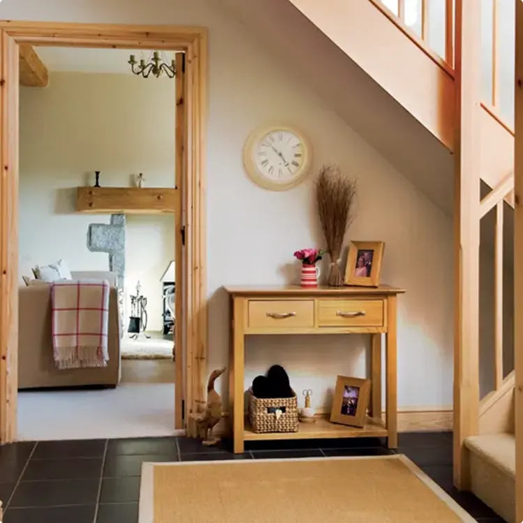 Oak Console with Basket and Clock