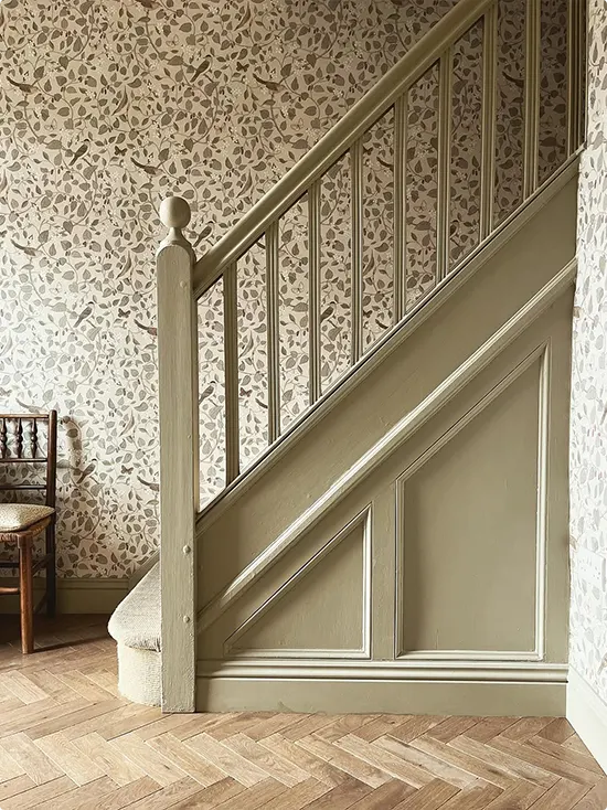 Paneled Trim and Soft Brown Leaf Wallpaper