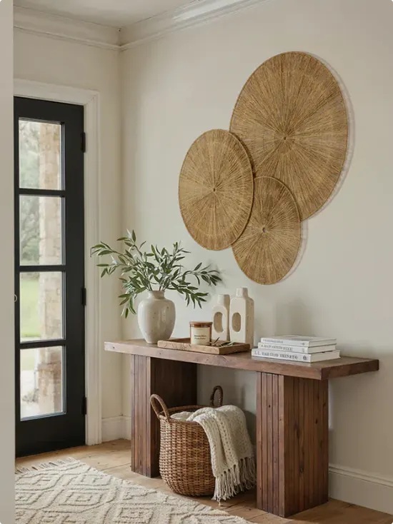Rustic console with woven rattan discs