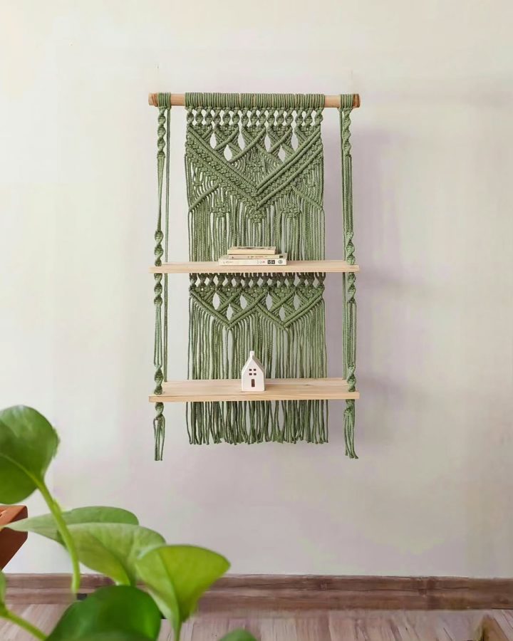 Sage Green Two Shelf Corner Macrame Shelf