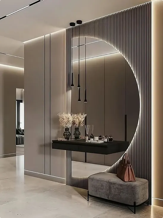 Vertical Slat Panels with Large Backlit Round Mirror and Black Floating Console