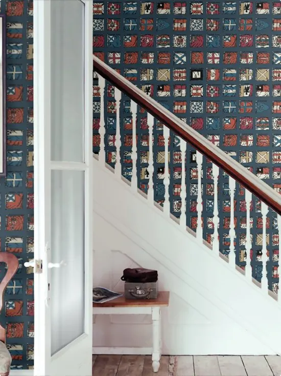 Vintage Navy Rust and Cream Stair Wallpaper