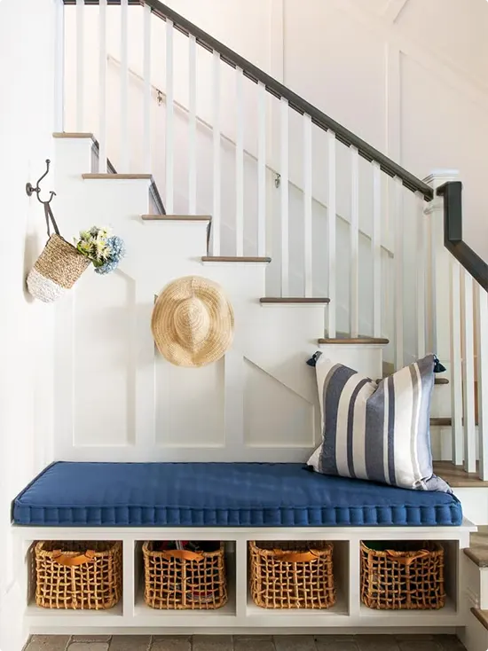 White Bench with Navy Cushion and Wicker Baskets