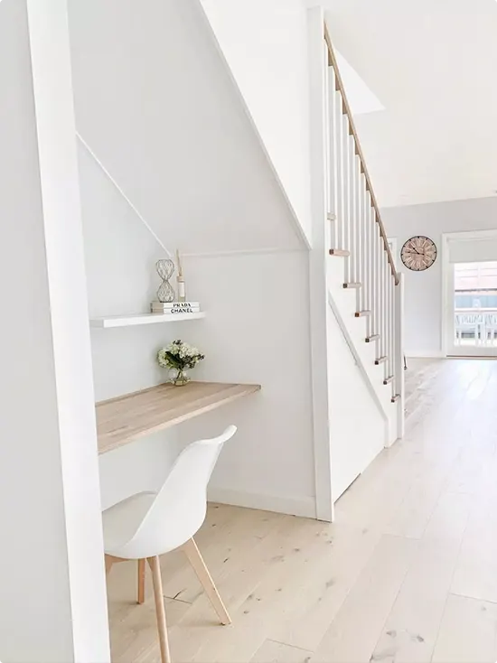 White Minimalist Desk Nook Under the Staircase