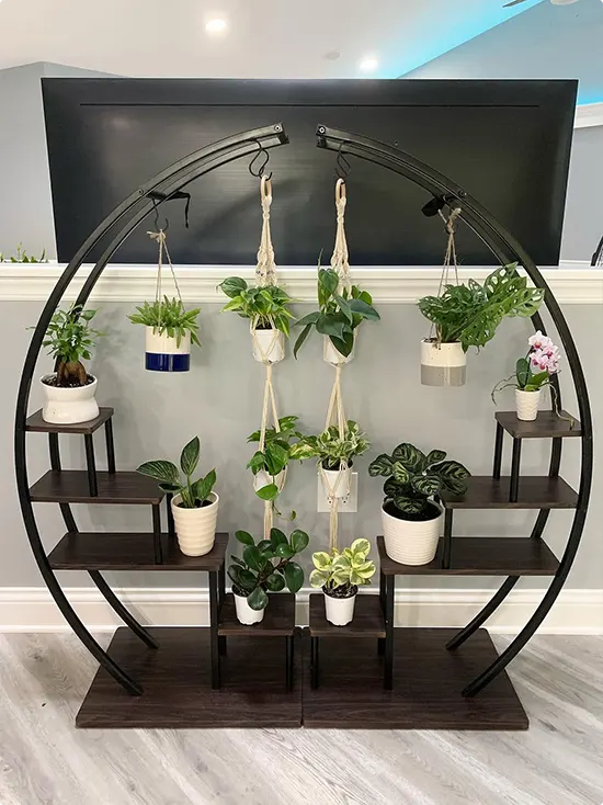 A circular full-circle plant stand in black metal with macramé hangers beside a TV wall