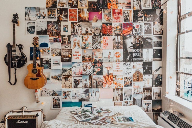 Aesthetic Bedroom with Collage Art on Wall