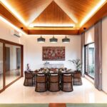 wood ceiling led lighting brown dining room table wicker chairs pendant lights gray cabinet