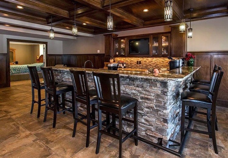 Awesome Stone Bar Top with Classy Kitchen Tiles and Cabinets