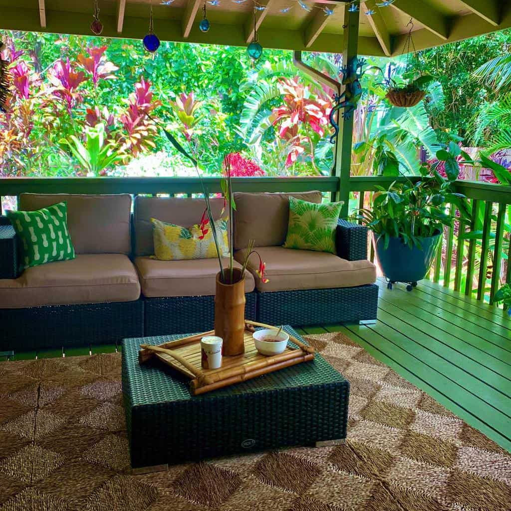 back porch patio wicker furniture plants