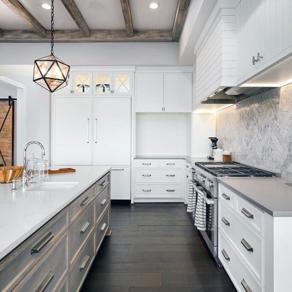 all white kitchen hardwood floors and pendant light