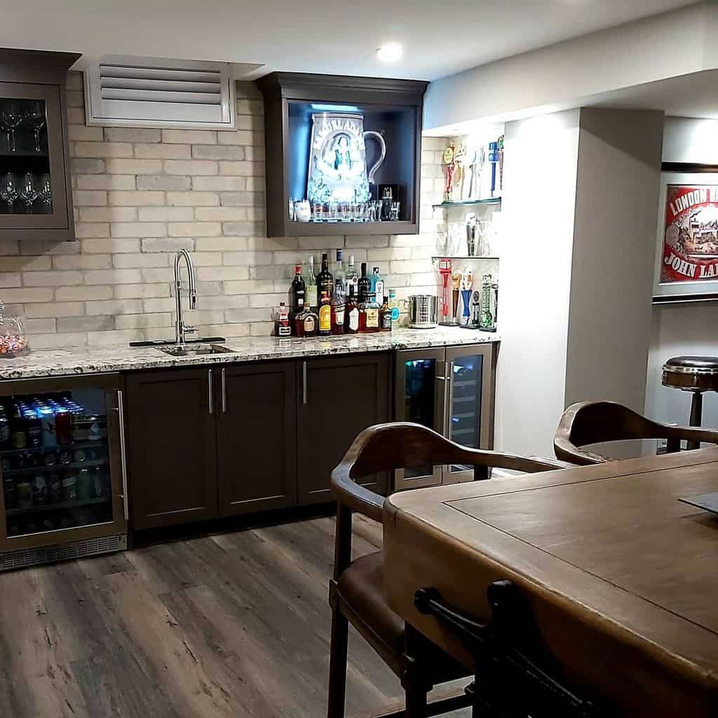 wood liquor cabinet wet bar white brick wall