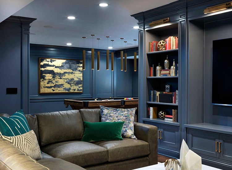 Basement Man Cave with Leather Further and Entertainment Center