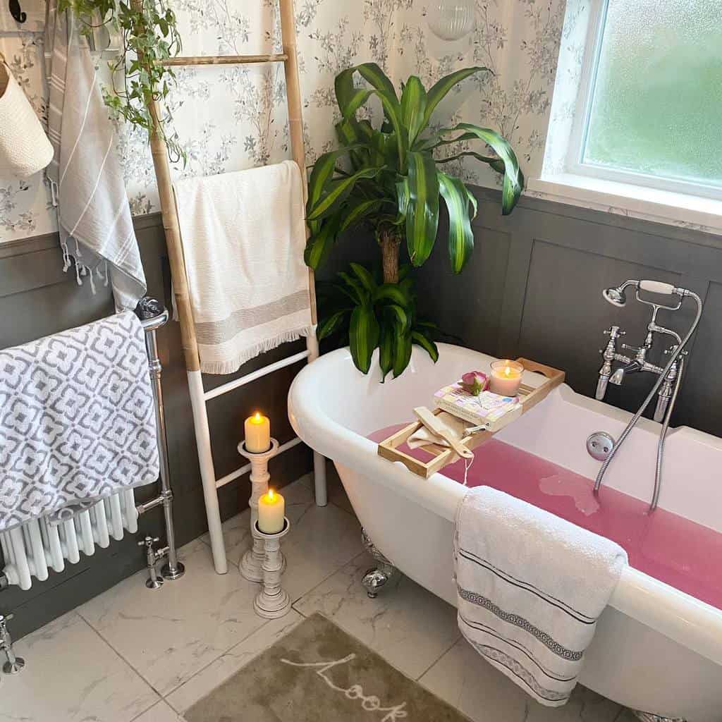 bathroom-wall-paneling-ideas-gonewiththe_windleaves bathroom with floral wallpaper gray wall paneling freestanding claw bathtub