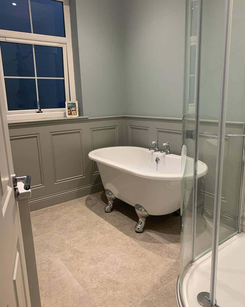 bathroom-wall-paneling-ideas-inside_saddlers bathroom gray wall paneling freestanding bath shower
