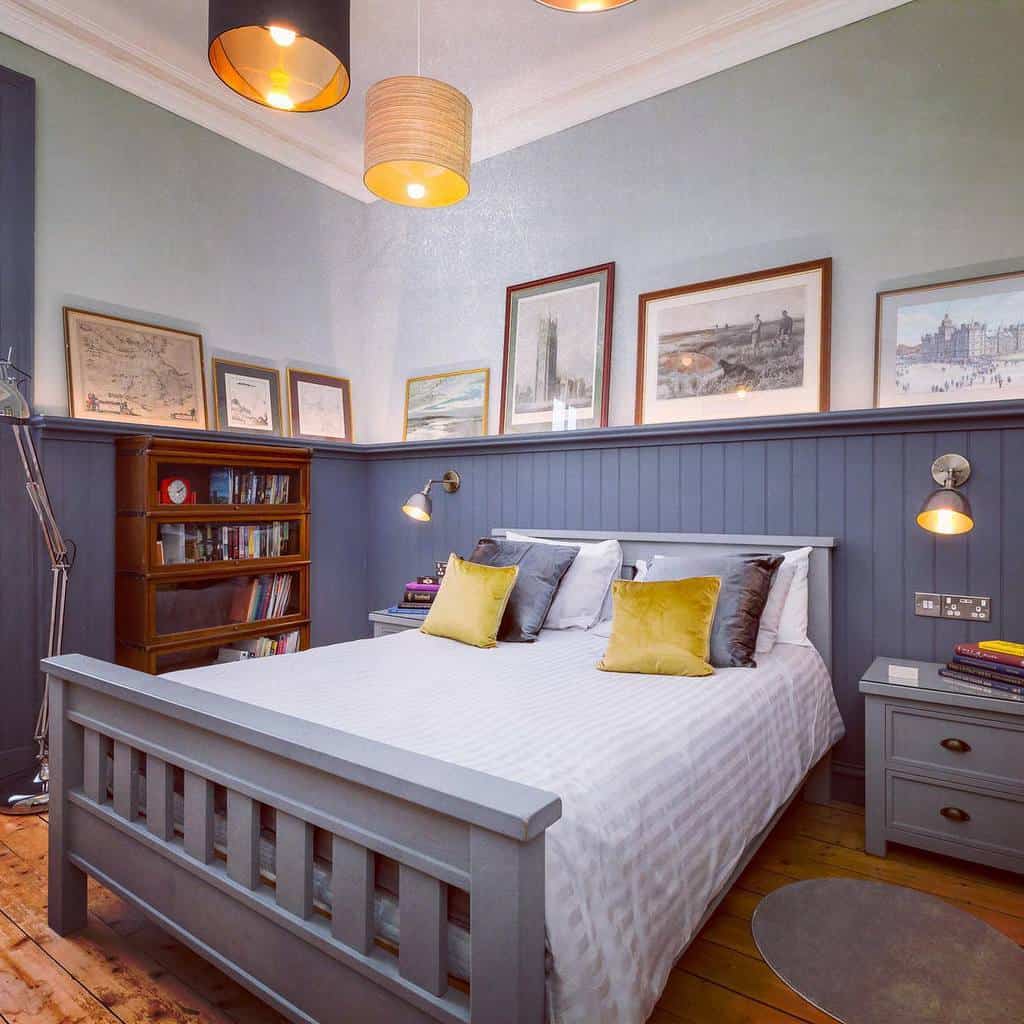 bedroom-wall-paneling-ideas-inspired_interiors_edinburgh bedroom gray wall paneling framed pictures