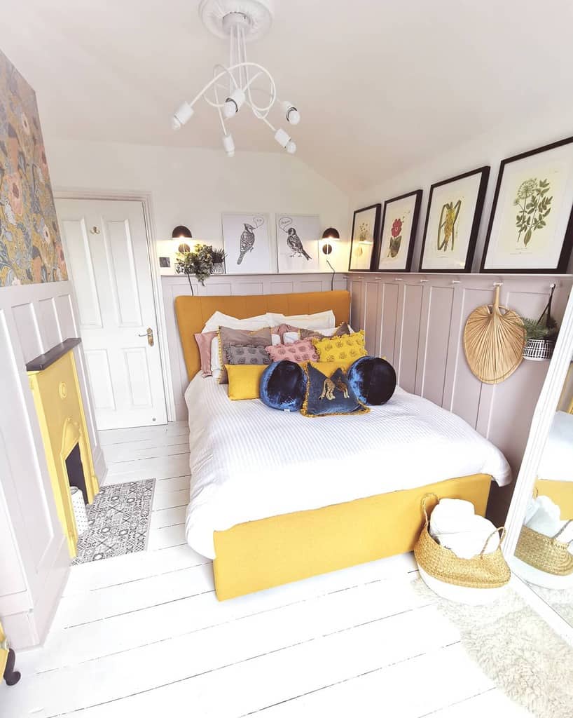 bedroom-wall-paneling-ideas-prettyprospectcottage small bedroom white wall paneling yellow bed and fireplace