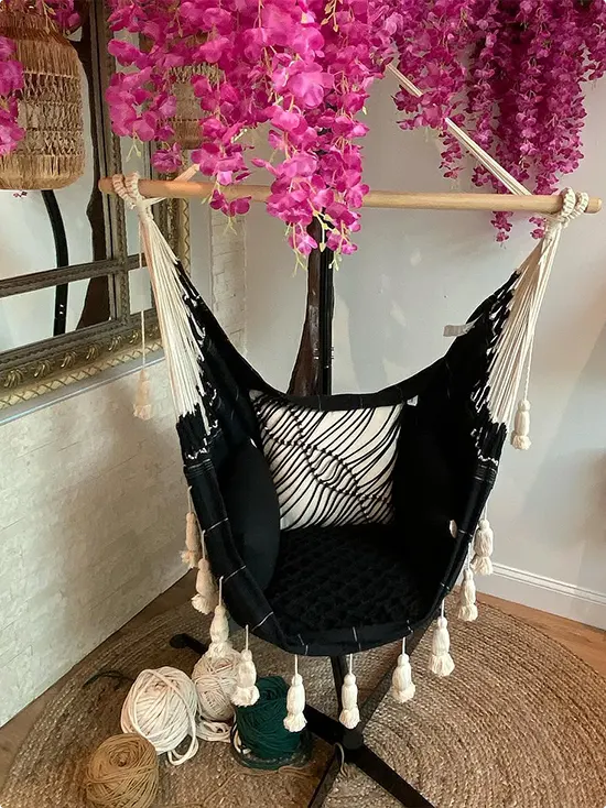 Black Hanging Hammock Chair with Cream Fringe and Tassels