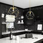 black kitchen herringbone tiles
