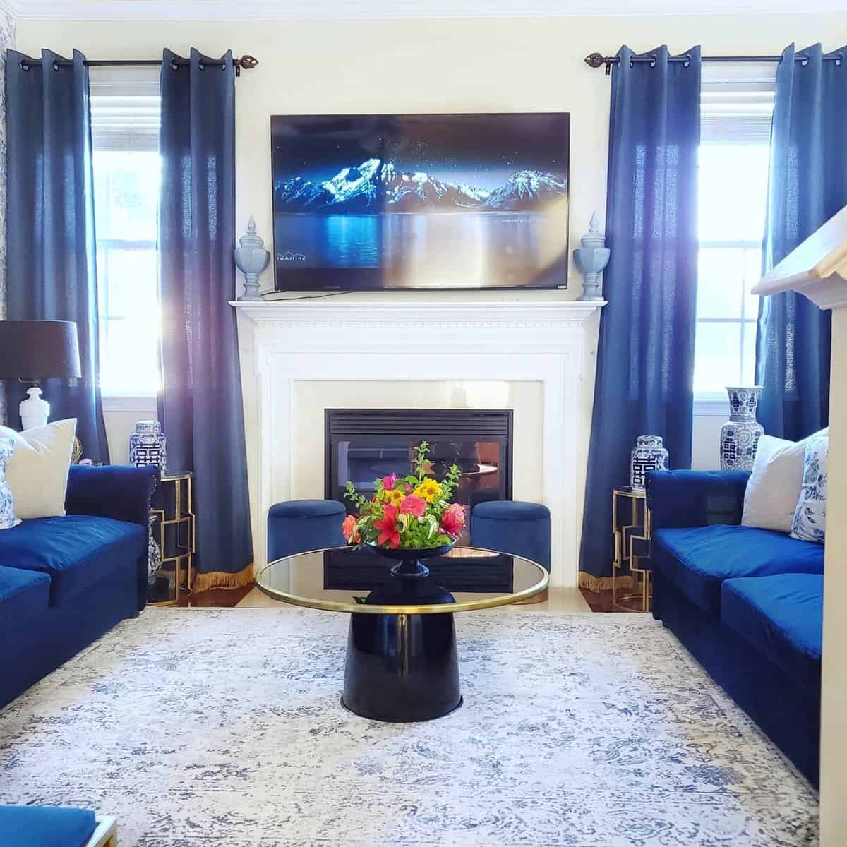 blue living room fireplace