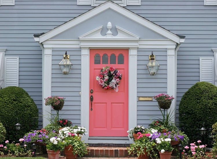 blush-pink-front-door-for-gray-house Blush Pink Front Door For Gray House