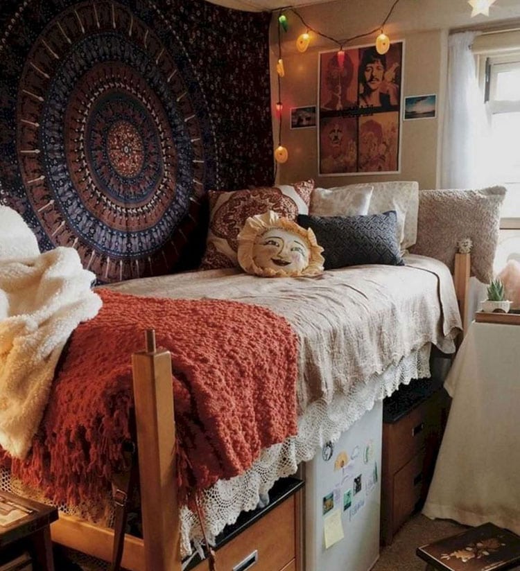 Bohemian Dorm Room Setup with Tapestry