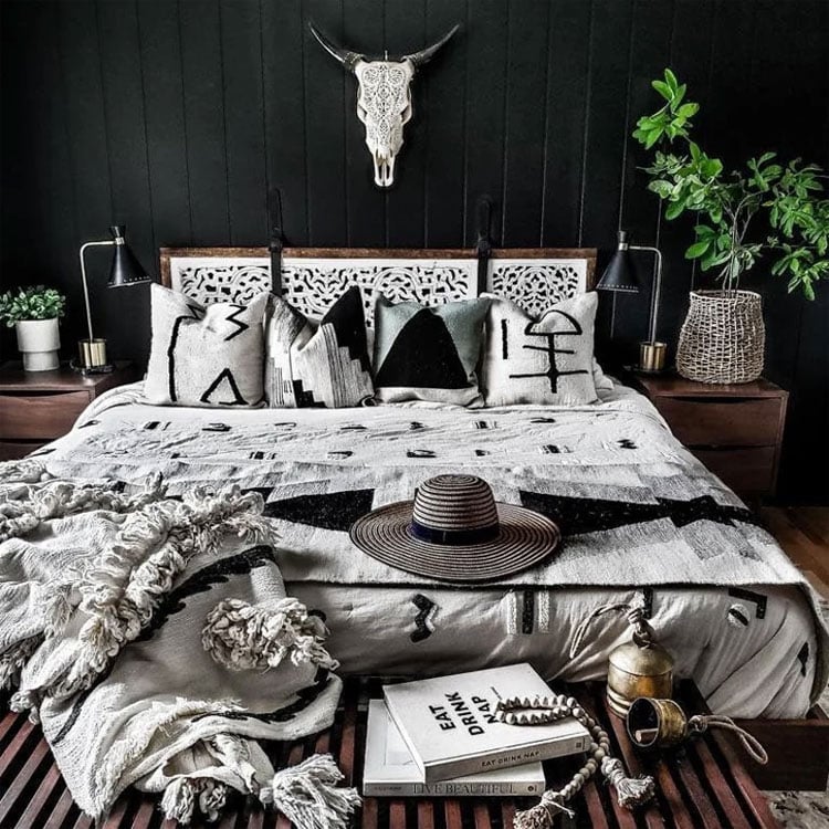 Boho Bedroom with Black Wall