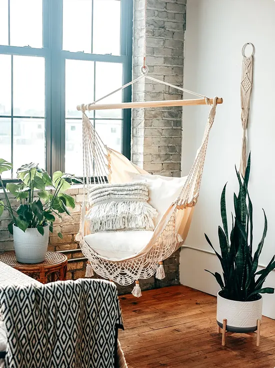 Boho Macramé Hammock Chair in a Window Setting