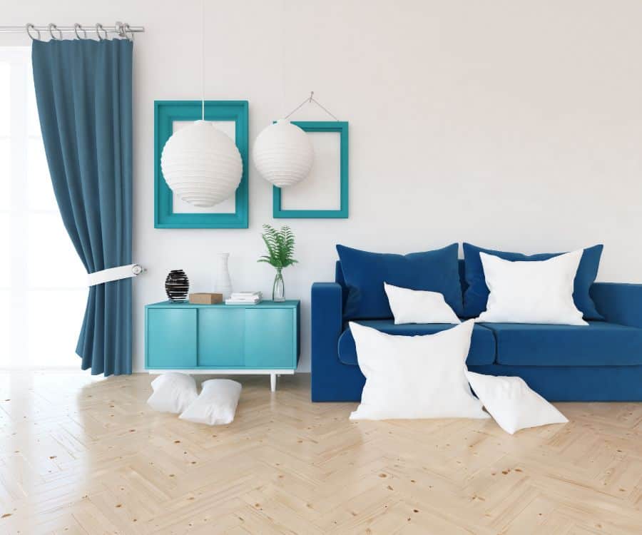blue curtains and sofa modern living room