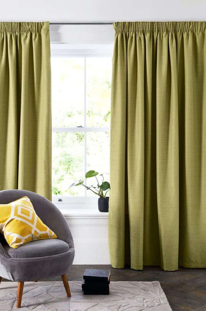 green curtains living room
