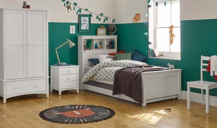 boy-green-bedroom-ideas-childrensfurnitureco Bright bedroom with green walls, white furniture, a bed, and a window featuring decor such as a rug and animal-themed items