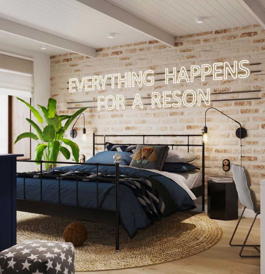 accent brick wall in modern boys room with everything happens for a reason sign