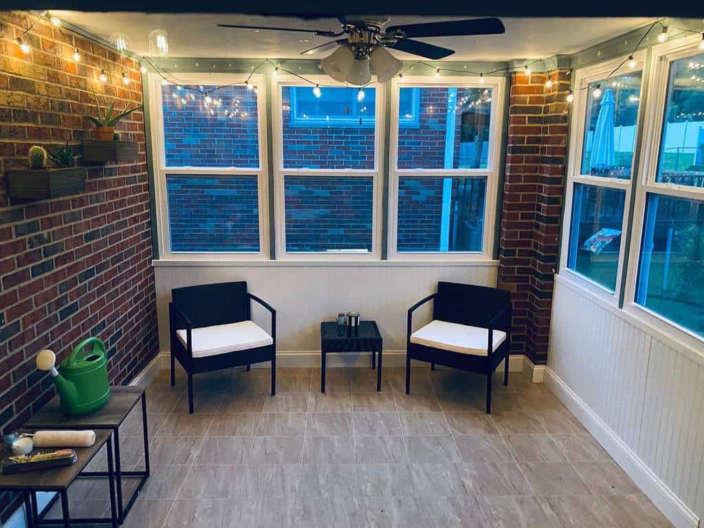 brick patio tile floor fan hanging lights
