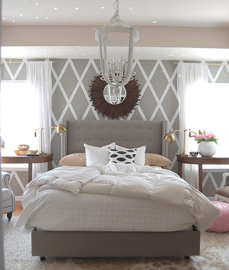 Bright Bedroom with Light Grey Patterned Walls
