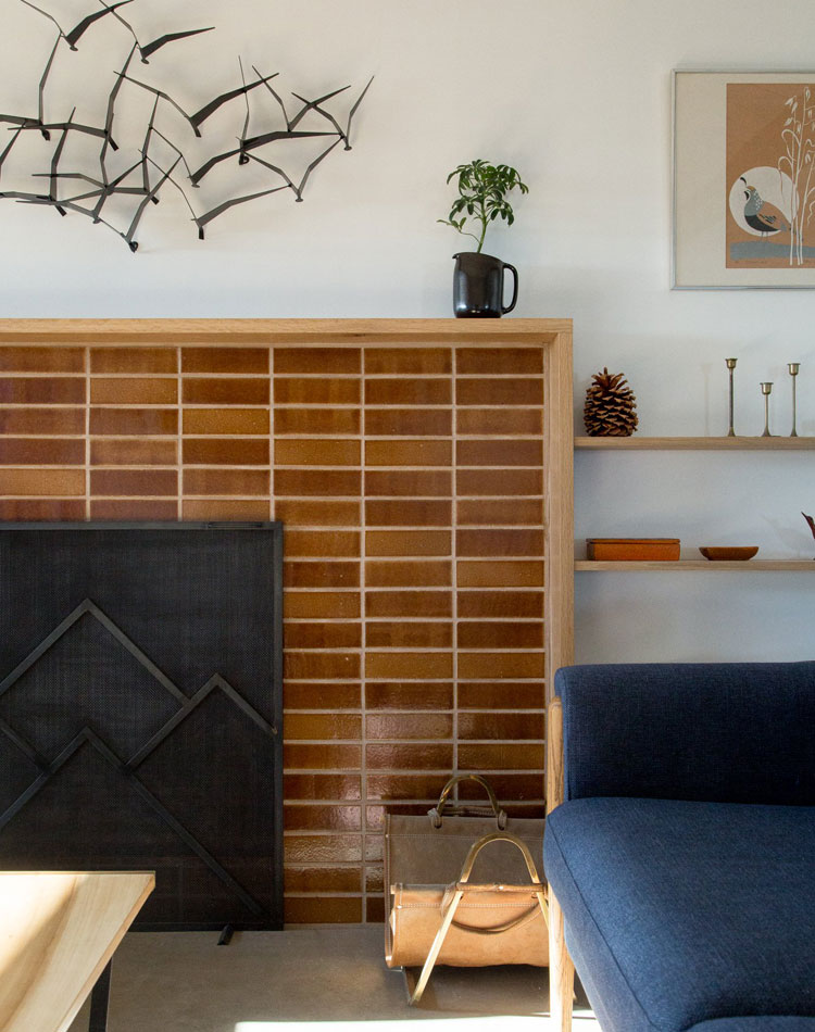 brown-tile-fireplace Brown Tile Fireplace For Midcentury Living Room