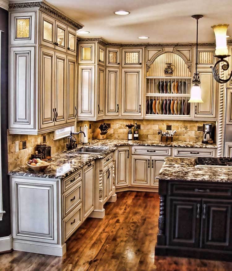 Classy White Rustic Design Kitchen with Black Island and Marble Tops