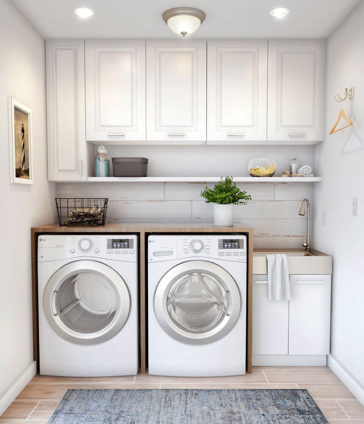 Clean White Laundry Room with Simple Sink Shelves Cabinets