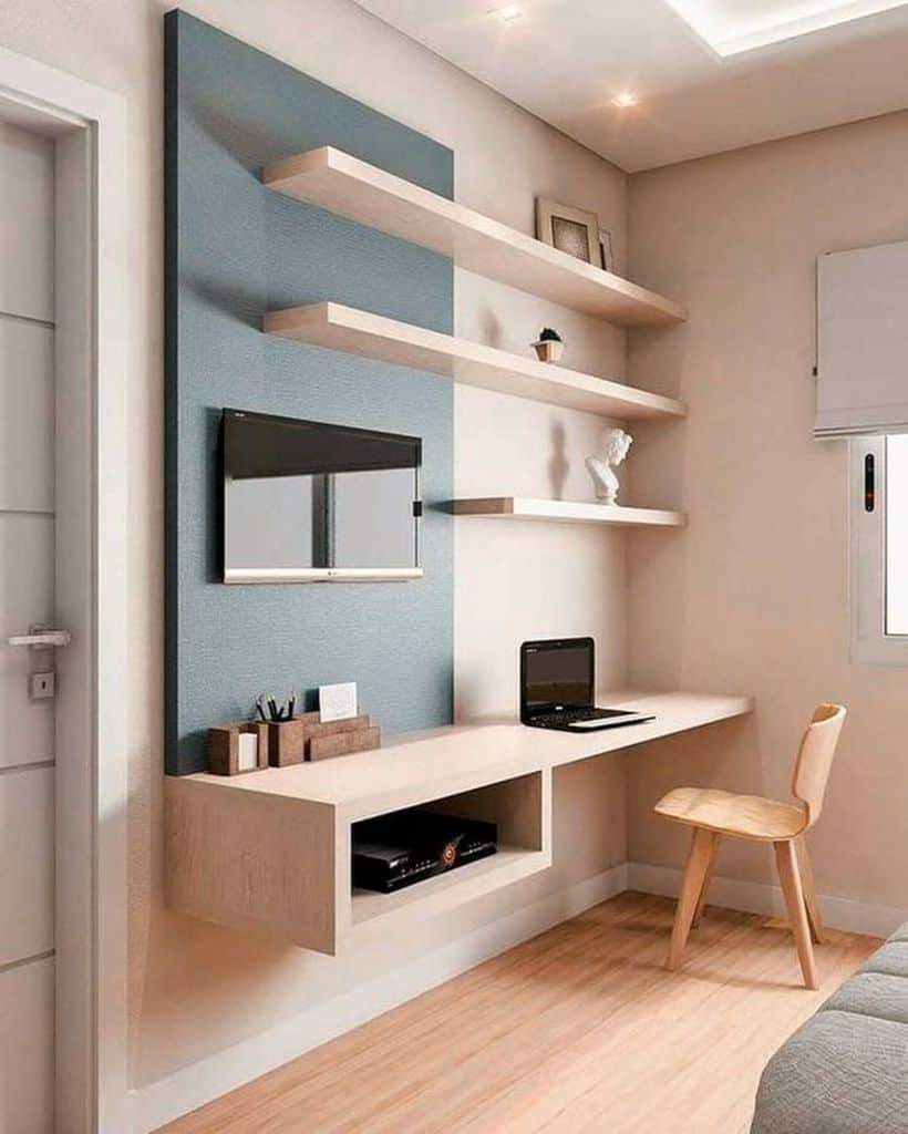 small modern office with wall shelves