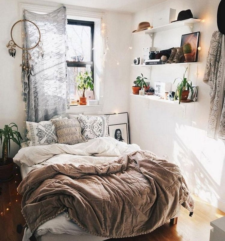 Cool Boho Dorm Room with Shelving