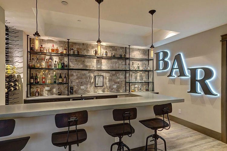 Cool Home Bar with Simple Top, Shelf and Wall Decor