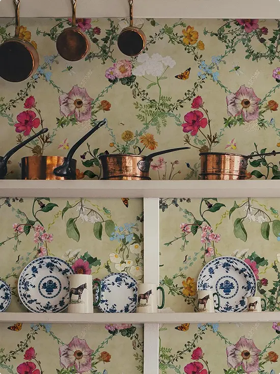 Copper Pots With Painterly Floral Wallpaper