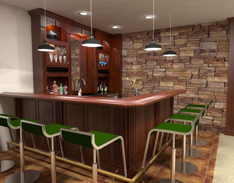 Corner Wet Bar with Stone Wall, Hardwood Shelves, Simple Stools