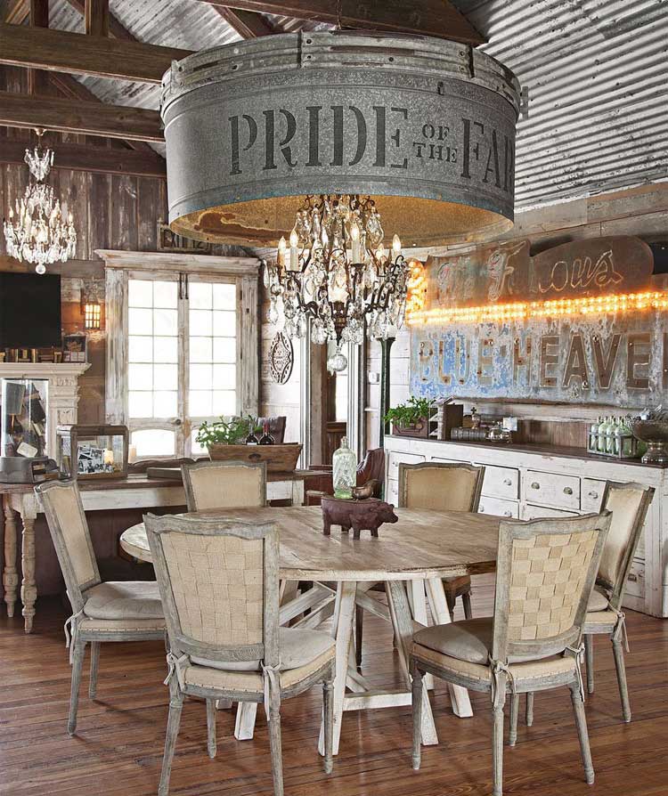 Country Farmhouse Style Interior Designs with Lavish Kitchen, Wall, Lighting Fixture, Table and Chairs