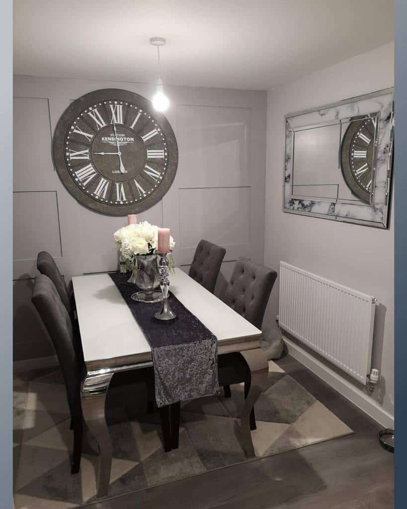 dining-room-wall-paneling-ideas-hanburyhome38 dining room with large wall clock and mirror