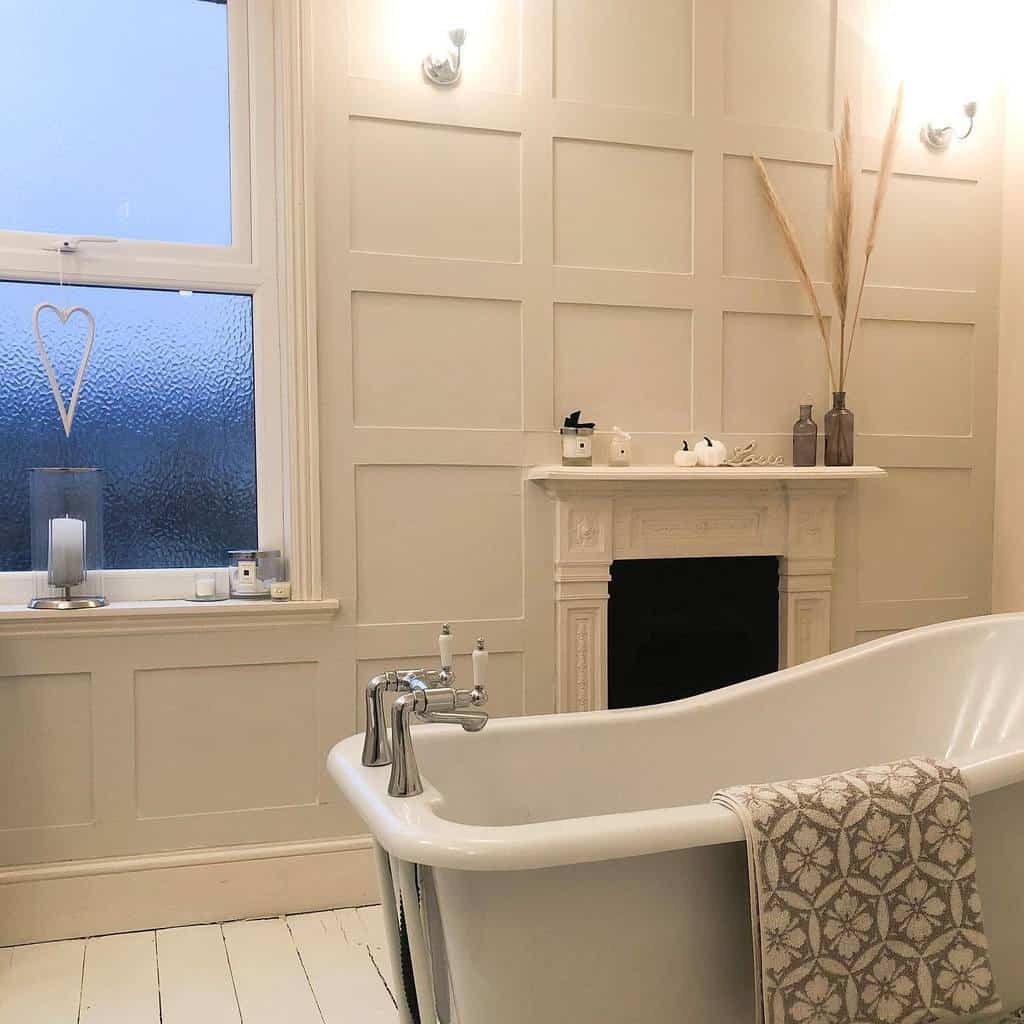 diy-wall-paneling-ideas-kirstysfamilyhome white wall paneling rustic bathroom freestanding tub