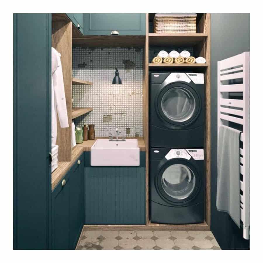 domsjo-laundry-room-sink-ideas-mcgive-it_-to_-me_ small corner laundry green cabinets apron sink stacked washer and dryer