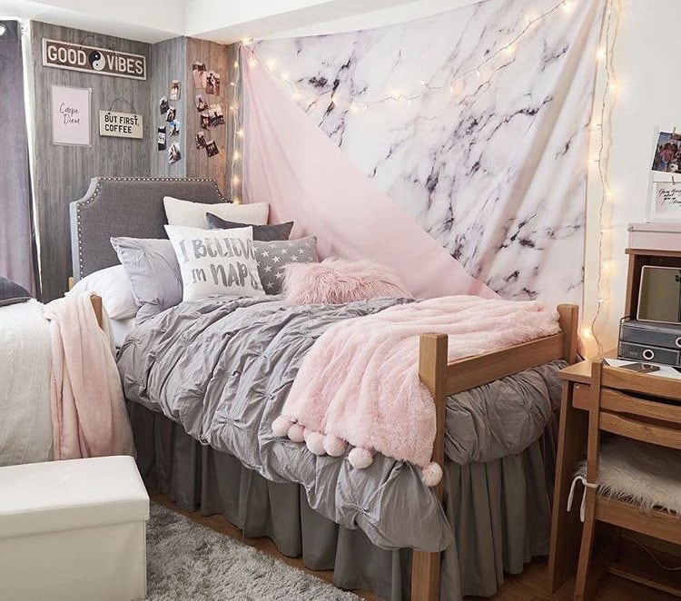 Dorm Room with Cute Bedding and Lights