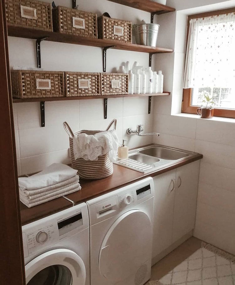 Earthy Laundry Room with Basket Storage Options and Sink