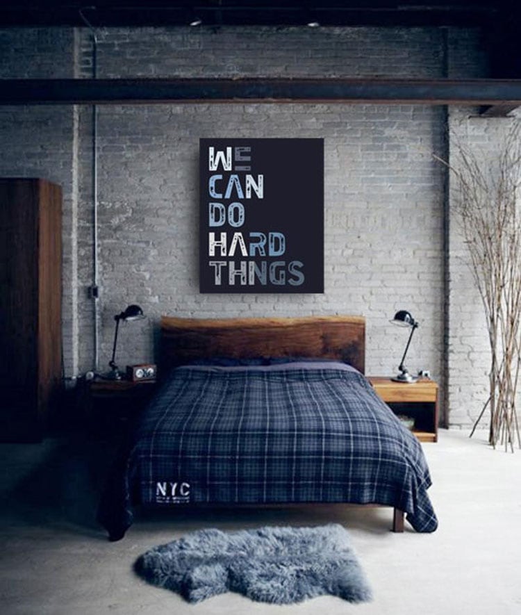 edgy-male-bedroom-with-statement-wall-print Edgy Male Bedroom with Statement Wall Print
