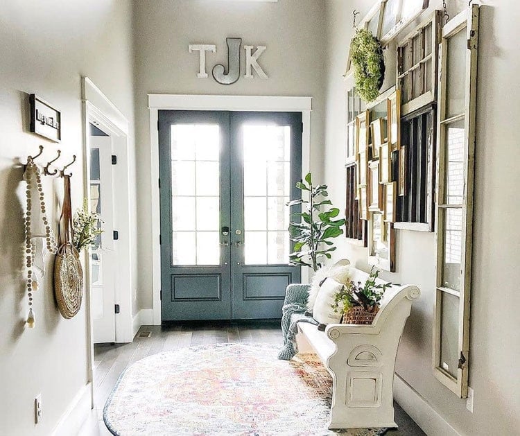Farmhouse Foyer with Creative Repurposed Doors and Windows